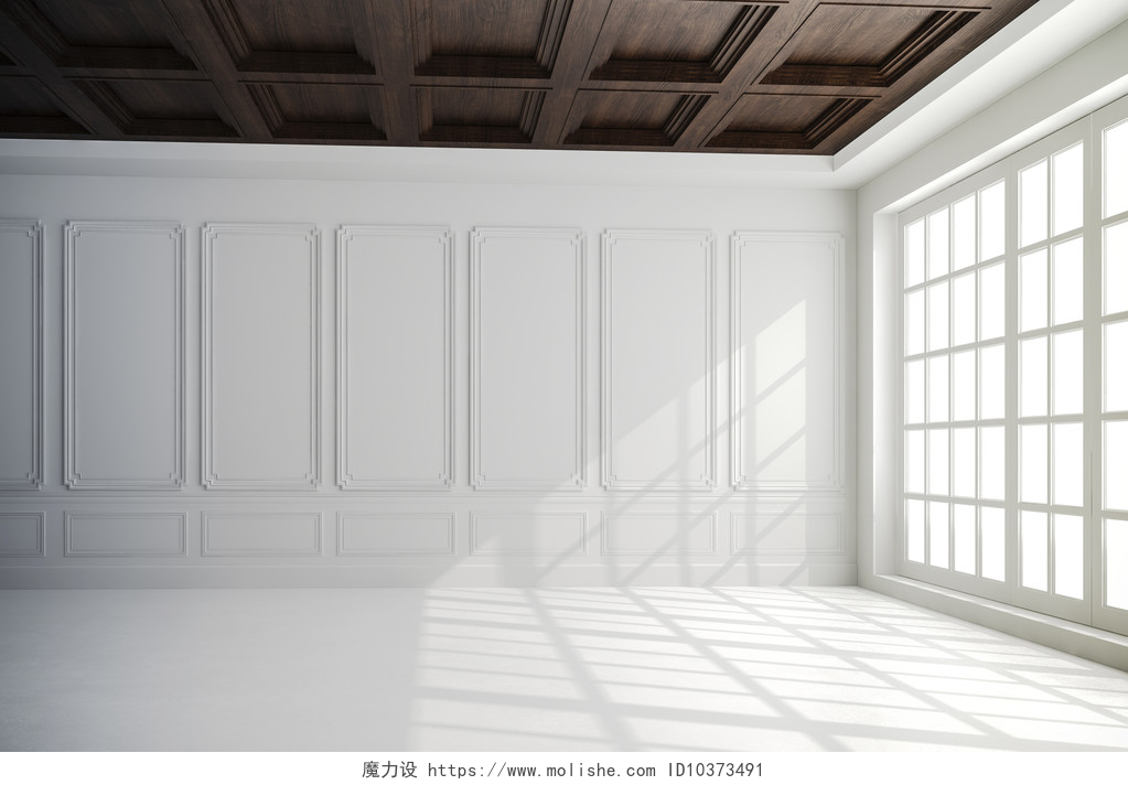 现代风的白色墙体和地面美内政部与白色的墙壁和木天花板安装的 3d 渲染